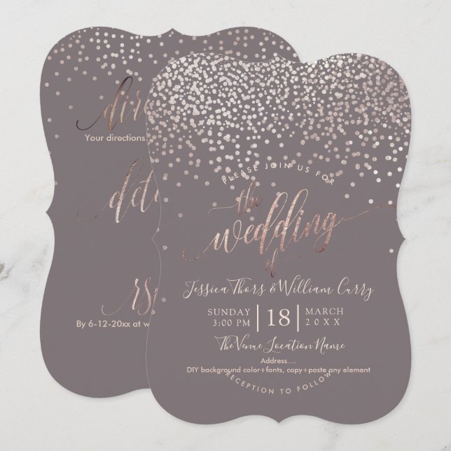 Invitation PixDezines Faux Rose Gold Confetti Mariage+RSVP (Devant / Derrière)