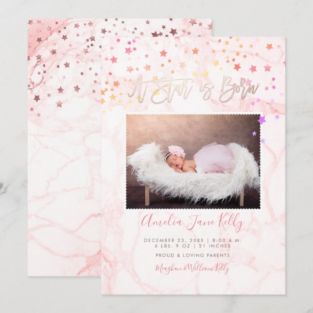 Invitation PixDezines Faux Rose Gold Stars, A Star est né (Devant / Derrière)