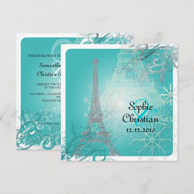 Invitation PixDezines Faux Silver Eiffel/Turquoise (Devant / Derrière)