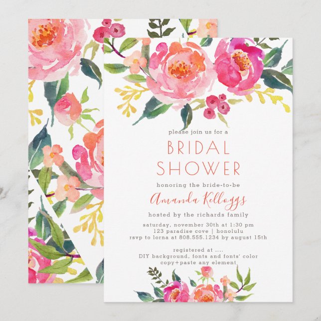 Invitation PixDezines Fête de l'mariée Aquarelle Été (Devant / Derrière)