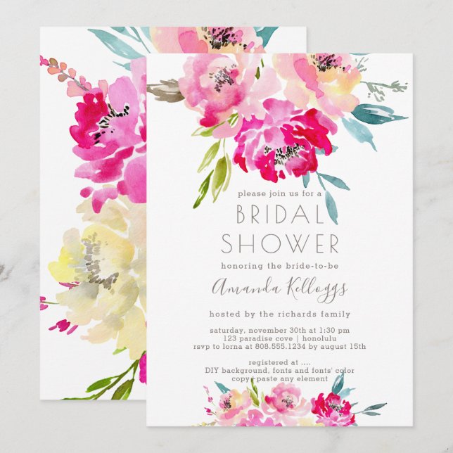 Invitation PixDezines Fête des mariées Aquarelle Peonies (Devant / Derrière)