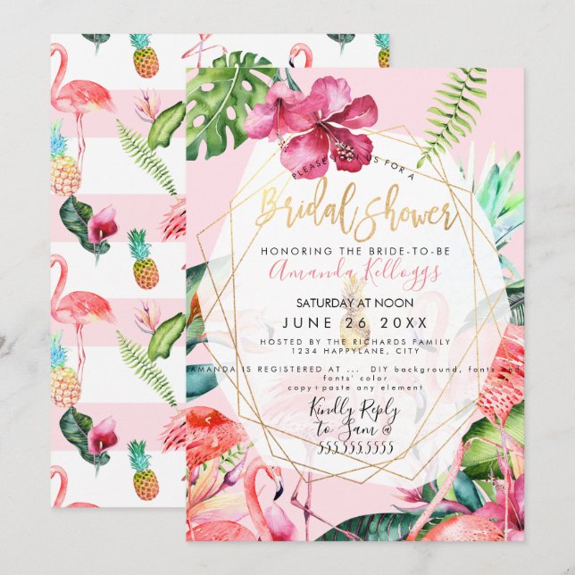 Invitation PixDezines Fête des mariées flamigos rose+Hibiscus (Devant / Derrière)