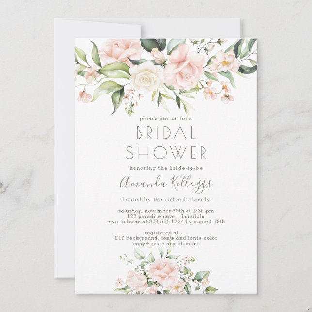 Invitation PixDezines Fête des mariées H2 Blush Cream Roses (Devant)