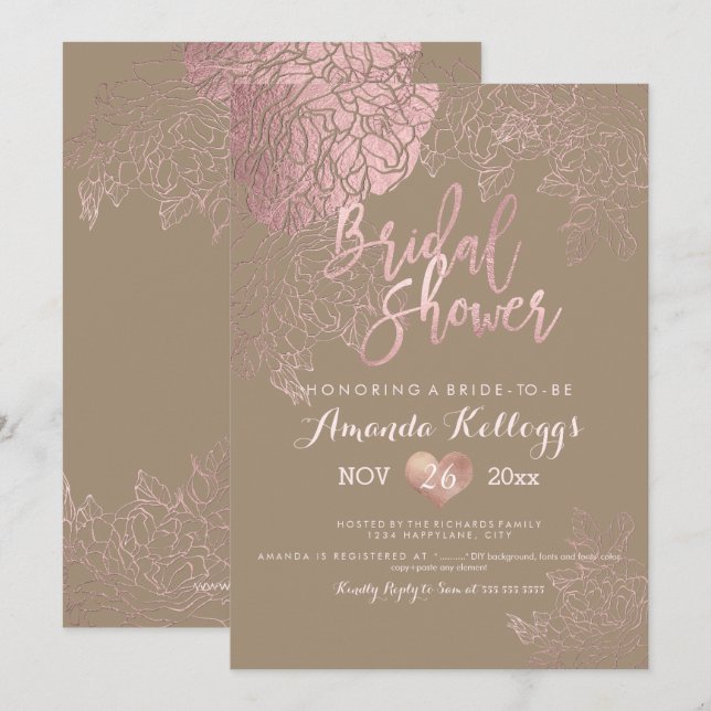 Invitation PixDezines Fête des mariées/Rose/ROSE OR/Faux Foil (Devant / Derrière)