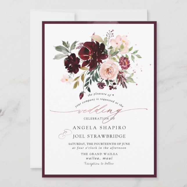 Invitation PixDezines Fleurs Aquarelles Burgundy Blush (Devant)