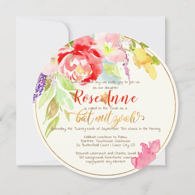 Invitation PixDezines Floral Aquarelle Bat mitzvah, Peonies (Dos)
