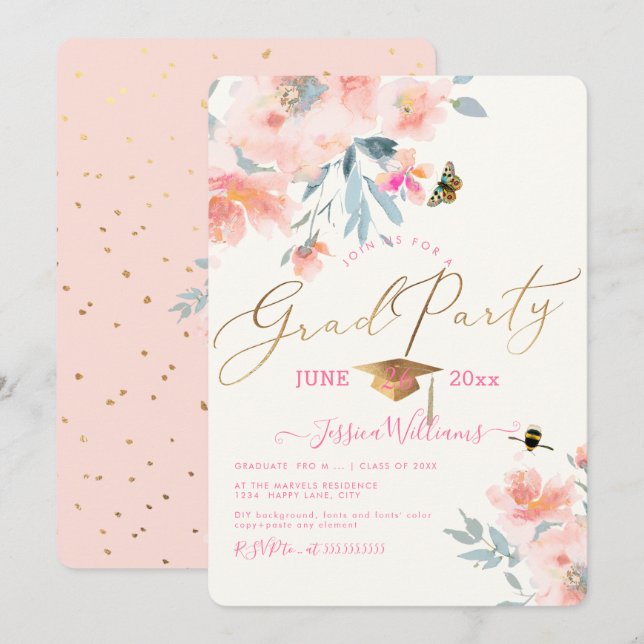 Invitation PixDezines Floral Watercolor Graduation Party (Devant / Derrière)