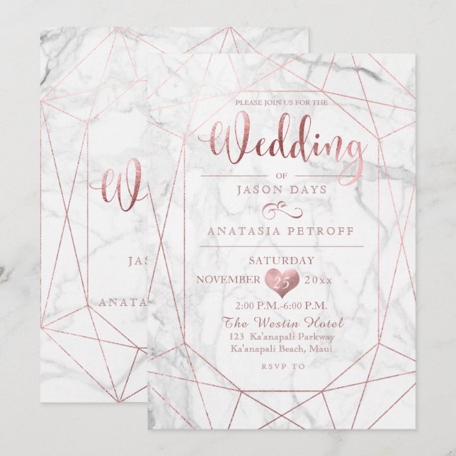 Invitation PixDezines Gemstone+Marbre/Faux Rose Gold/Mariage (Devant / Derrière)