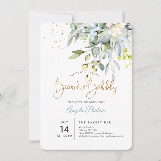 Invitation PixDezines gomme bleue Eucalyptus Brunch+Bubbly (Devant)