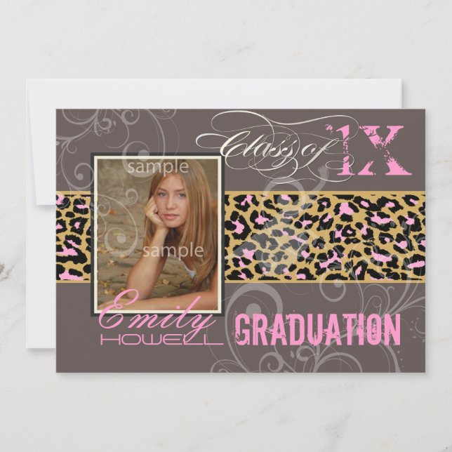 Invitation PixDezines Graduation/cheetah, néon rose (Devant)