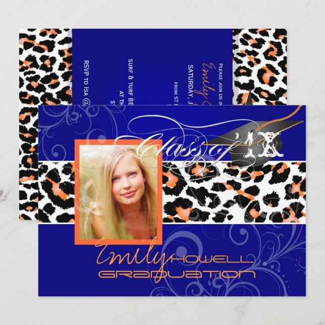 Invitation PixDezines Graduation Orange Leopard/DO-IT-YOURSEL (Devant / Derrière)