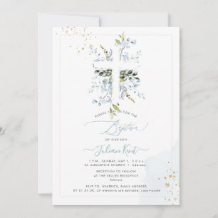 Invitation PixDezines H2 Bleu Poussiéreux Eucalyptus Baptême