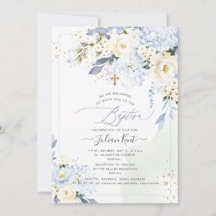 Invitation PixDezines H2 Bleus Hortensias Roses Crème Baptême