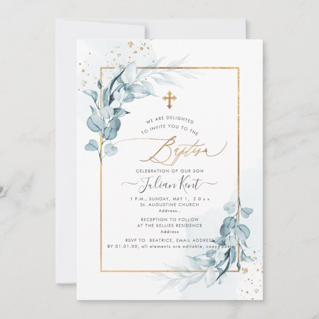 Invitation PixDezines H2 Blue Gum Eucalyptus Baptême (Devant)
