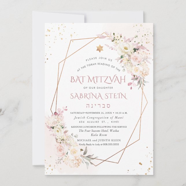 Invitation PixDezines H2 Blush Rose Bat mitzvah (Devant)