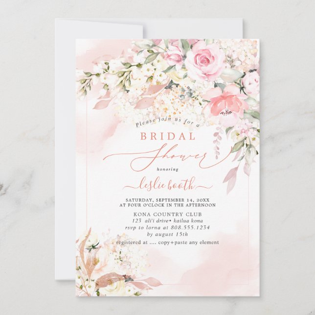 Invitation PixDezines H2 Blush Roses Hydrangea Fête des marié (Devant)