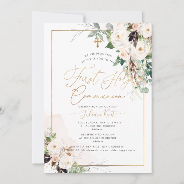 Invitation PixDezines H2 Blush Roses première sainte communio (Devant)