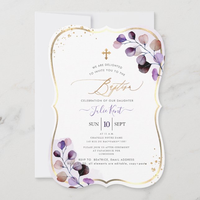 Invitation PixDezines H2 Dusty Purple Gum Eucalyptus Baptême  (Devant)