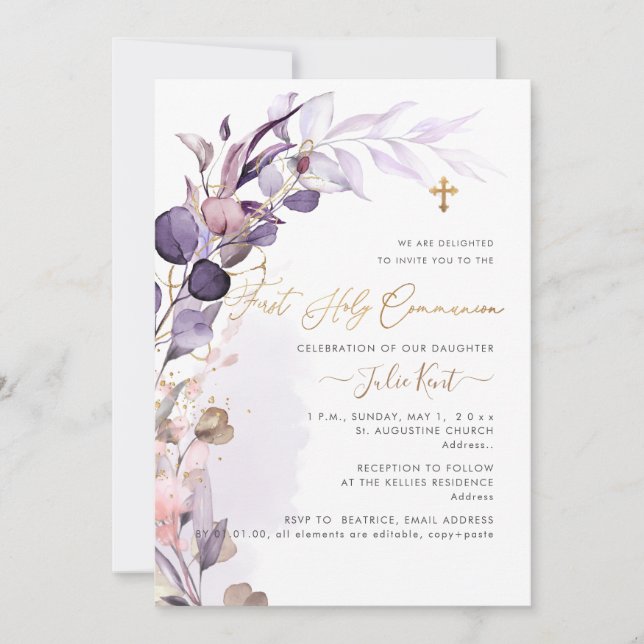 Invitation PixDezines H2 Dusty Purple Gum Foliage Communion (Devant)