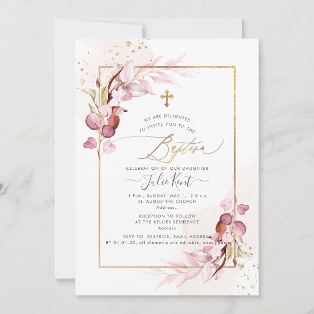 Invitation PixDezines H2 Dusty rose Gum Eucalyptus Baptême (Devant)