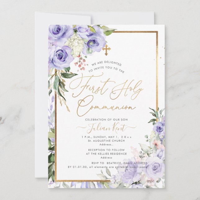 Invitation PixDezines H2 Purple Roses Première Communion Sain (Devant)