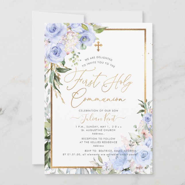 Invitation PixDezines H2 Roses Bleus Première Communion Saint (Devant)