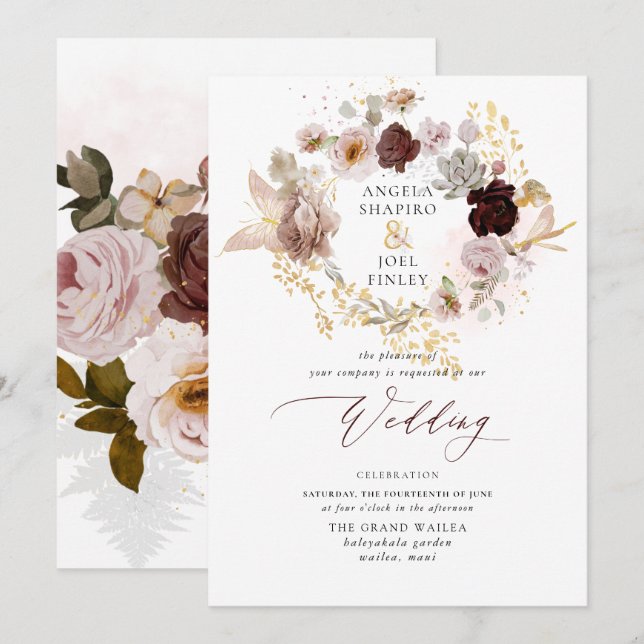 Invitation PixDezines H2 Vintage Blush Bourgogne Fleurs (Devant / Derrière)