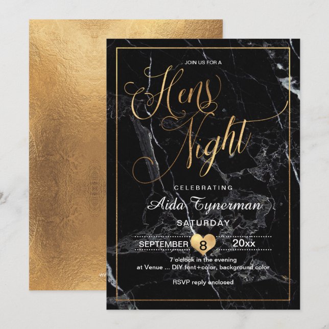 Invitation PixDezines Hens Night Faux Or Script+Marbre (Devant / Derrière)