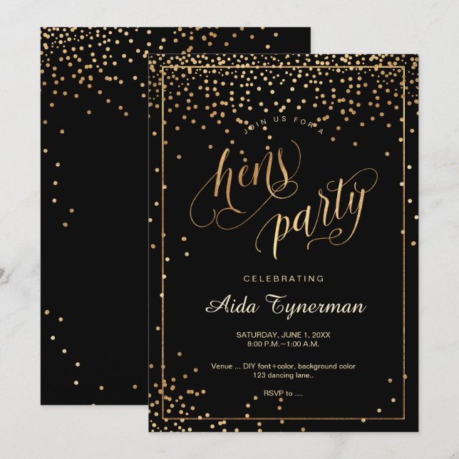 Invitation PixDezines Hens Party Faux Gold Confetti (Devant / Derrière)