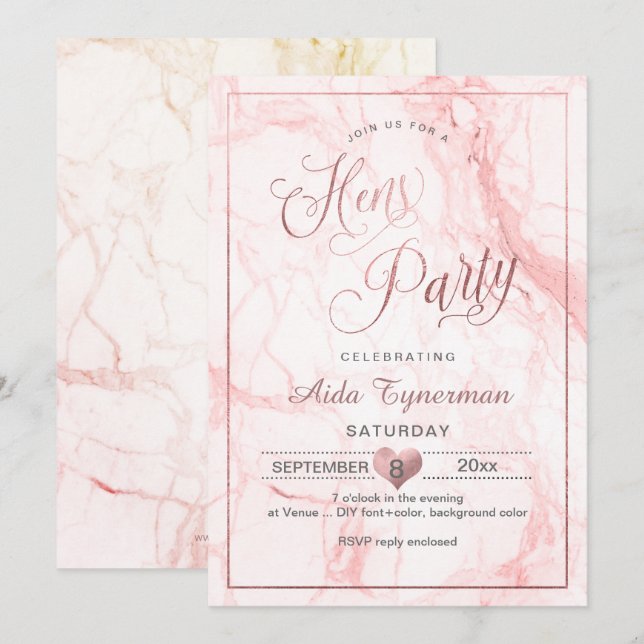 Invitation PixDezines Hens Party Faux Rose Gold Script+Marbre (Devant / Derrière)