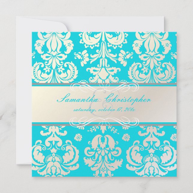 Invitation PixDezines Isabella Damask, couleur Pearl+Aqua/DO- (Devant)