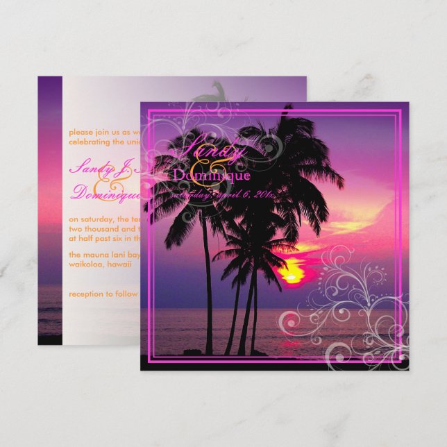 Invitation PixDezines Kaui Sunset+Swirls/mariage tropical (Devant / Derrière)
