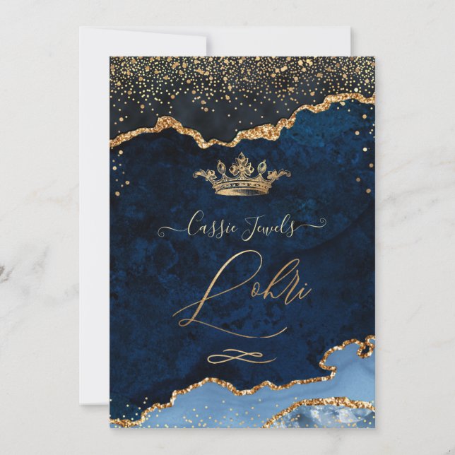 Invitation PixDezines Lohri Célébration Marine Blue Agate Or (Devant)