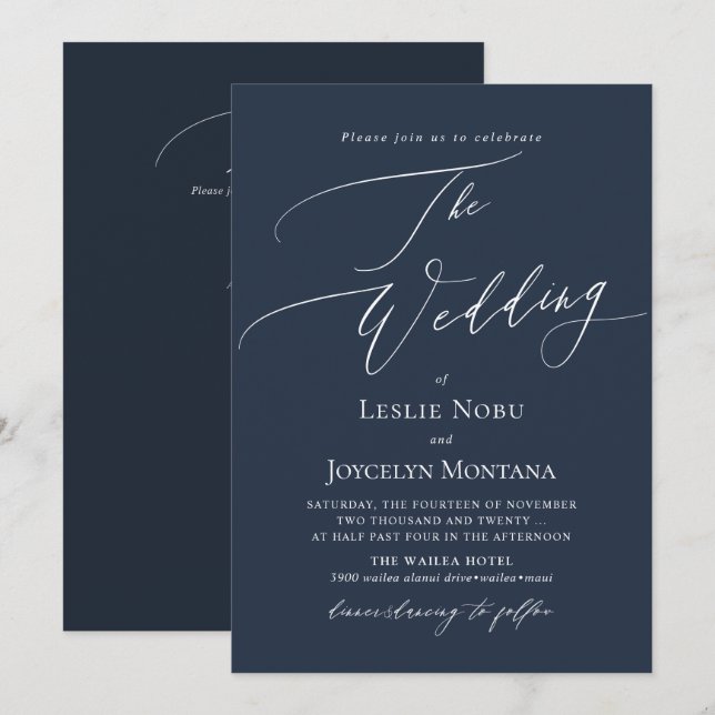 Invitation PixDezines Luxe Calligraphy Navy Blue Wedding (Devant / Derrière)