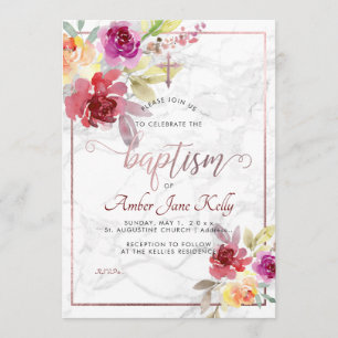 Invitation PixDezines Marble+Aquarelle Fleurs/Baptême