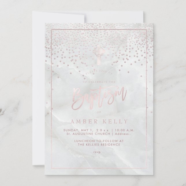 Invitation PixDezines Marble+Blush Pink Confetti/Baptism (Devant)