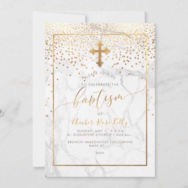 Invitation PixDezines Marble+Faux Gold Confetti/Baptême (Devant)