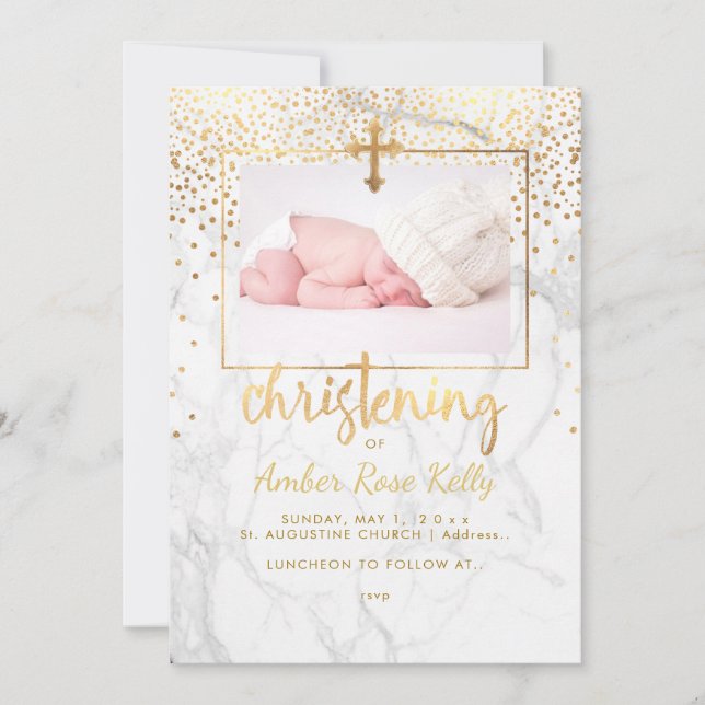 Invitation PixDezines Marble+Faux Gold Dots/Christening (Devant)