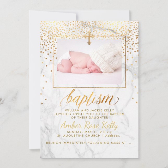 Invitation PixDezines Marble Faux Points Or/Carte Baptême (Devant)