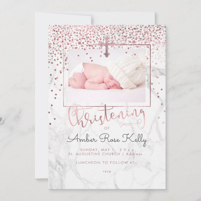 Invitation PixDezines Marble+Faux Rose Gold Dots Christening (Devant)