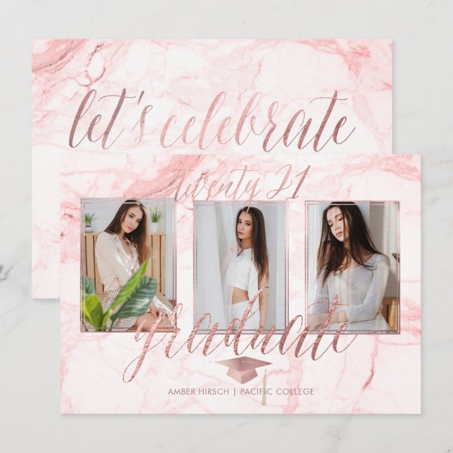 Invitation PixDezines Marble Faux Rose Gold Graduation Invita (Devant / Derrière)