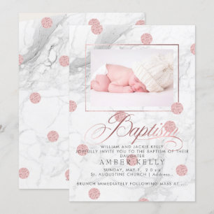 Invitation PixDezines Marble+Faux Rose Gold Points/Baptême