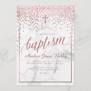 Invitation PixDezines Marble+Faux Roses Gold Dots/Baptême