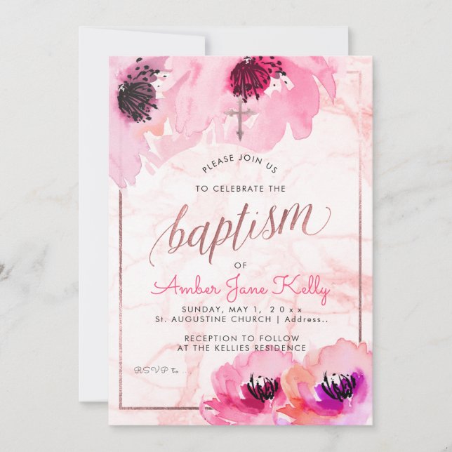Invitation PixDezines Marbre+Aquarelle Fleurs/Baptême (Devant)