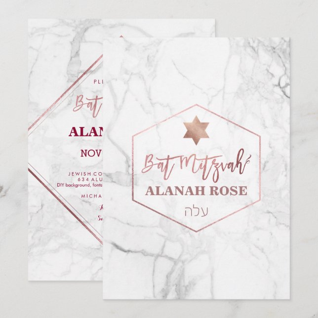 Invitation PixDezines Marbre blanc Bat mitzvah/Rose Gold (Devant / Derrière)
