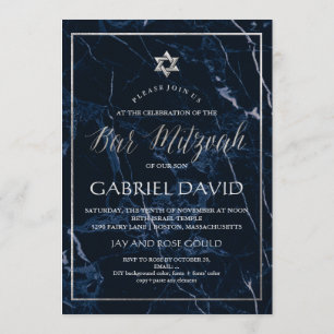 Invitation PixDezines Marbre Faux Argent Star Bar Mitzvah