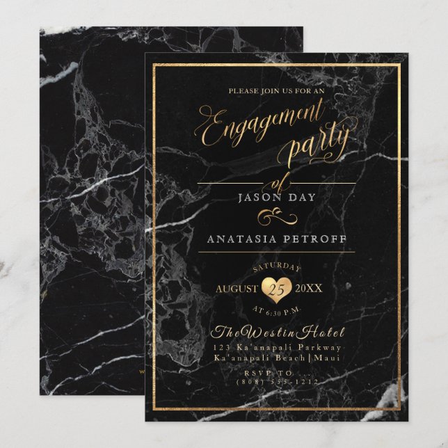 Invitation PixDezines Marbre/Faux Gold/Engagement Party (Devant / Derrière)