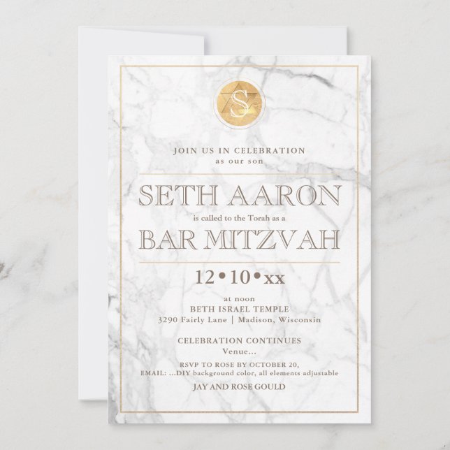 Invitation PixDezines Marbre Faux Or Monogram Bar Mitzvah ✡ (Dos)
