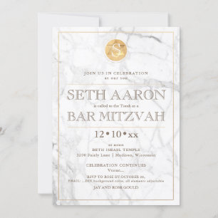 Invitation PixDezines Marbre Faux Or Monogram Bar Mitzvah ✡