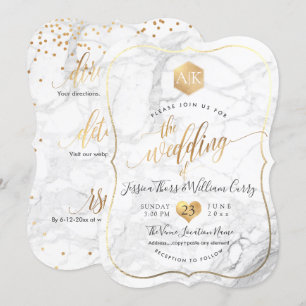 Invitation PixDezines Marbre+Monogramme+Faux Gold Honeycomb